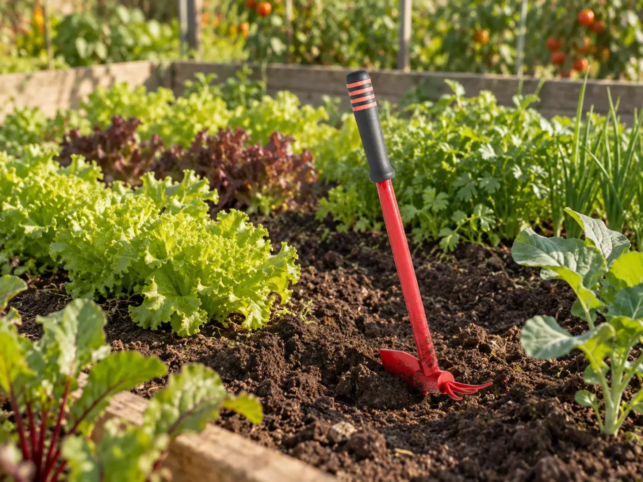 Machadinha Rogus de Jardinagem 3x1 fincada na terra de uma horta, entre pés de alface e tomateiros